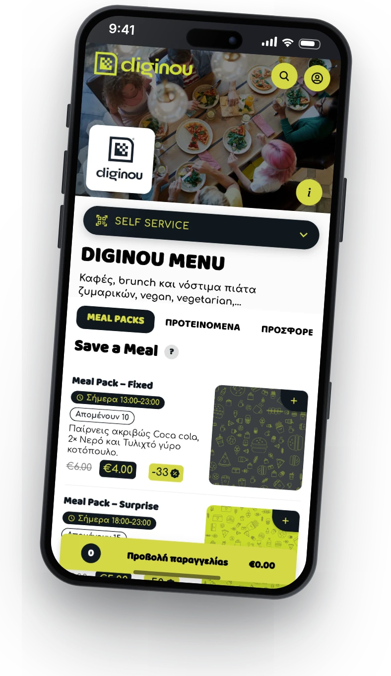 Ψηφιακό μενού Diginou σε iPhone με παραγγελία, πληρωμή με κάρτα και QR τραπεζιού