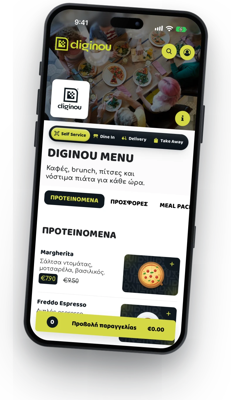 Ψηφιακό μενού Diginou σε iPhone με παραγγελία, πληρωμή με κάρτα και QR τραπεζιού